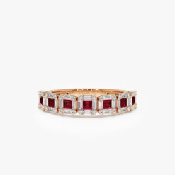 14k Princess Cut Ruby W/ Baguette and Round Diamond Ring