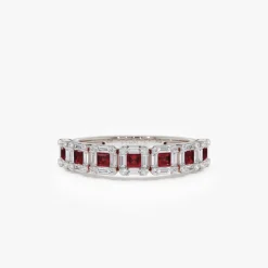 14k Princess Cut Ruby W/ Baguette and Round Diamond Ring