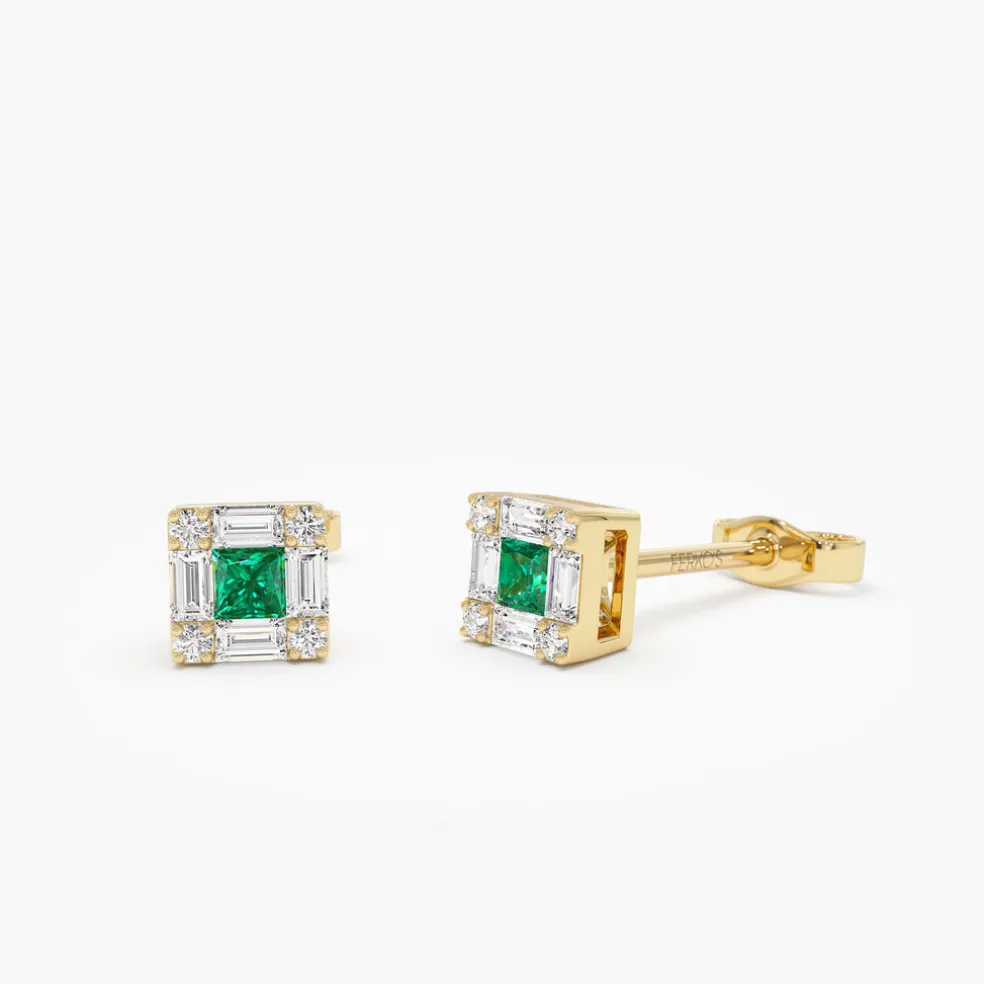 14K Princess-Cut Emerald Stud Earrings with Diamond Halo