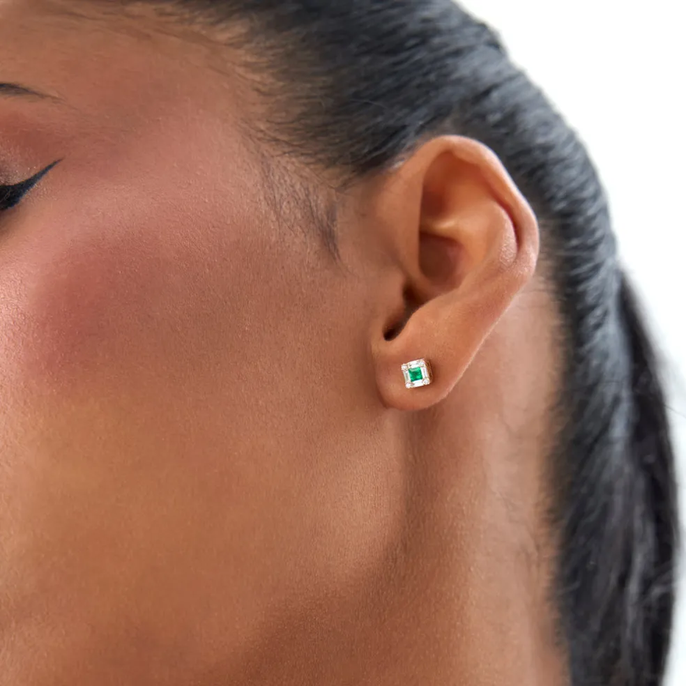 14K Princess-Cut Emerald Stud Earrings with Diamond Halo