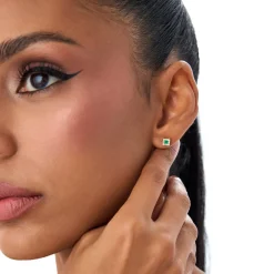 14K Princess-Cut Emerald Stud Earrings with Diamond Halo