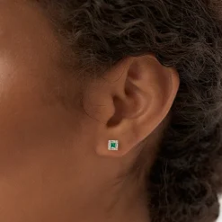 14K Princess-Cut Emerald Stud Earrings with Diamond Halo