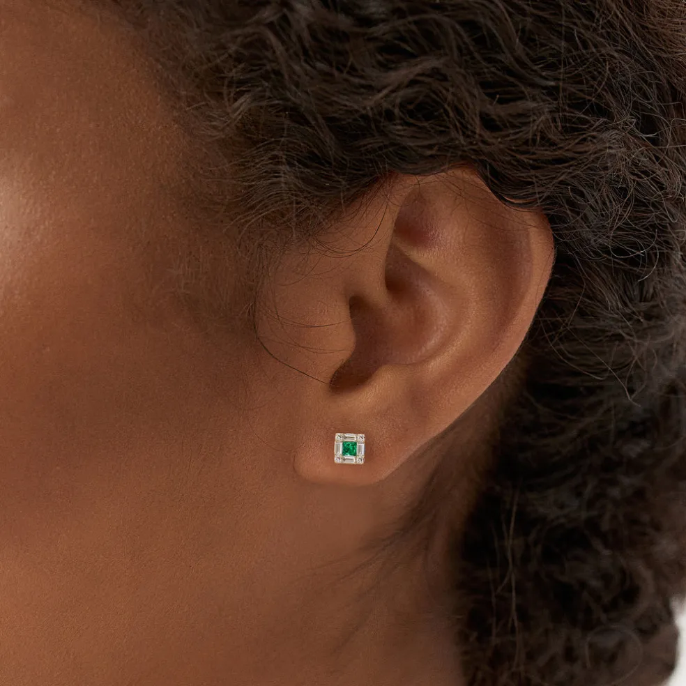 14K Princess-Cut Emerald Stud Earrings with Diamond Halo