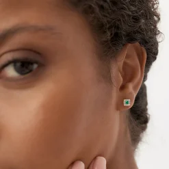14K Princess-Cut Emerald Stud Earrings with Diamond Halo