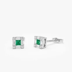 14K Princess-Cut Emerald Stud Earrings with Diamond Halo