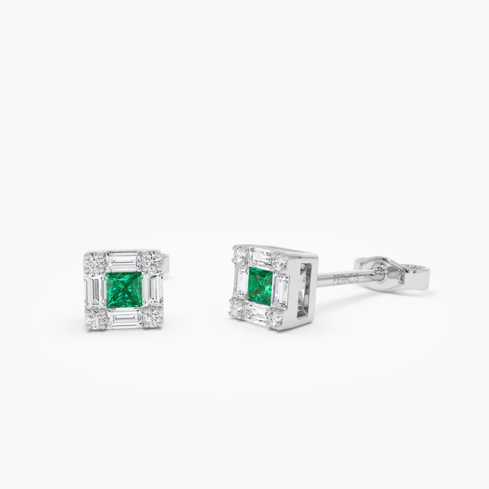 14K Princess-Cut Emerald Stud Earrings with Diamond Halo