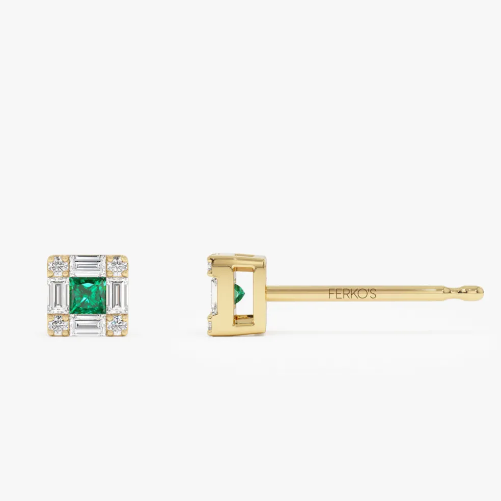 14K Princess-Cut Emerald Stud Earrings with Diamond Halo