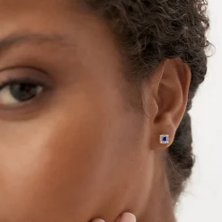 14K Princess-Cut Sapphire Stud Earrings with Diamond Halo