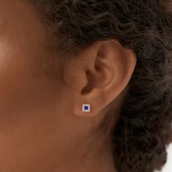 14K Princess-Cut Sapphire Stud Earrings with Diamond Halo