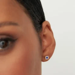 14K Princess-Cut Sapphire Stud Earrings with Diamond Halo