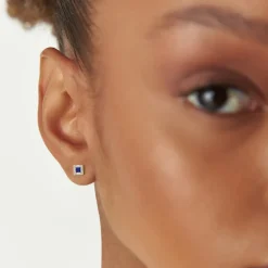 14K Princess-Cut Sapphire Stud Earrings with Diamond Halo