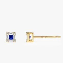 14K Princess-Cut Sapphire Stud Earrings with Diamond Halo