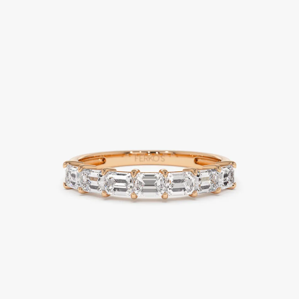 14k Prong Horizontal Set Emerald Cut Diamond Wedding Band