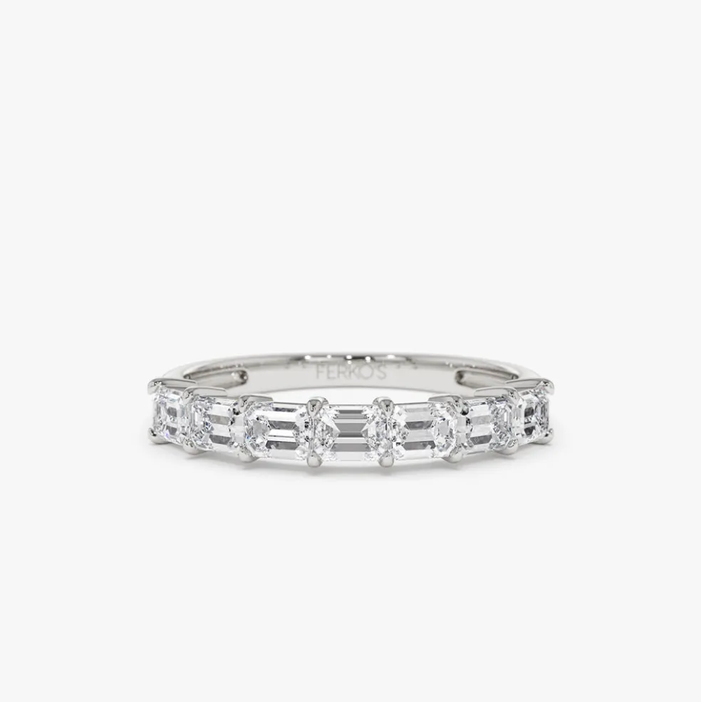 14k Prong Horizontal Set Emerald Cut Diamond Wedding Band