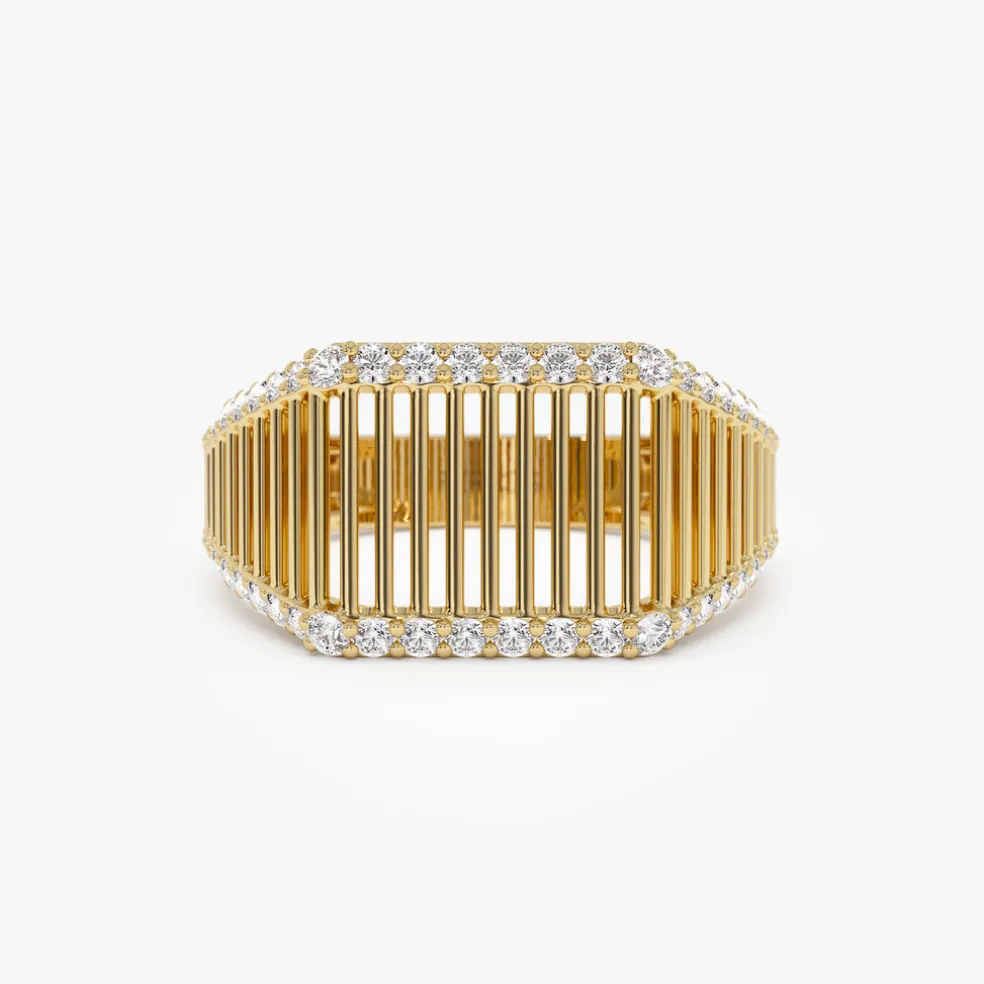14k Ribbed Unique Design Diamond Signet Ring