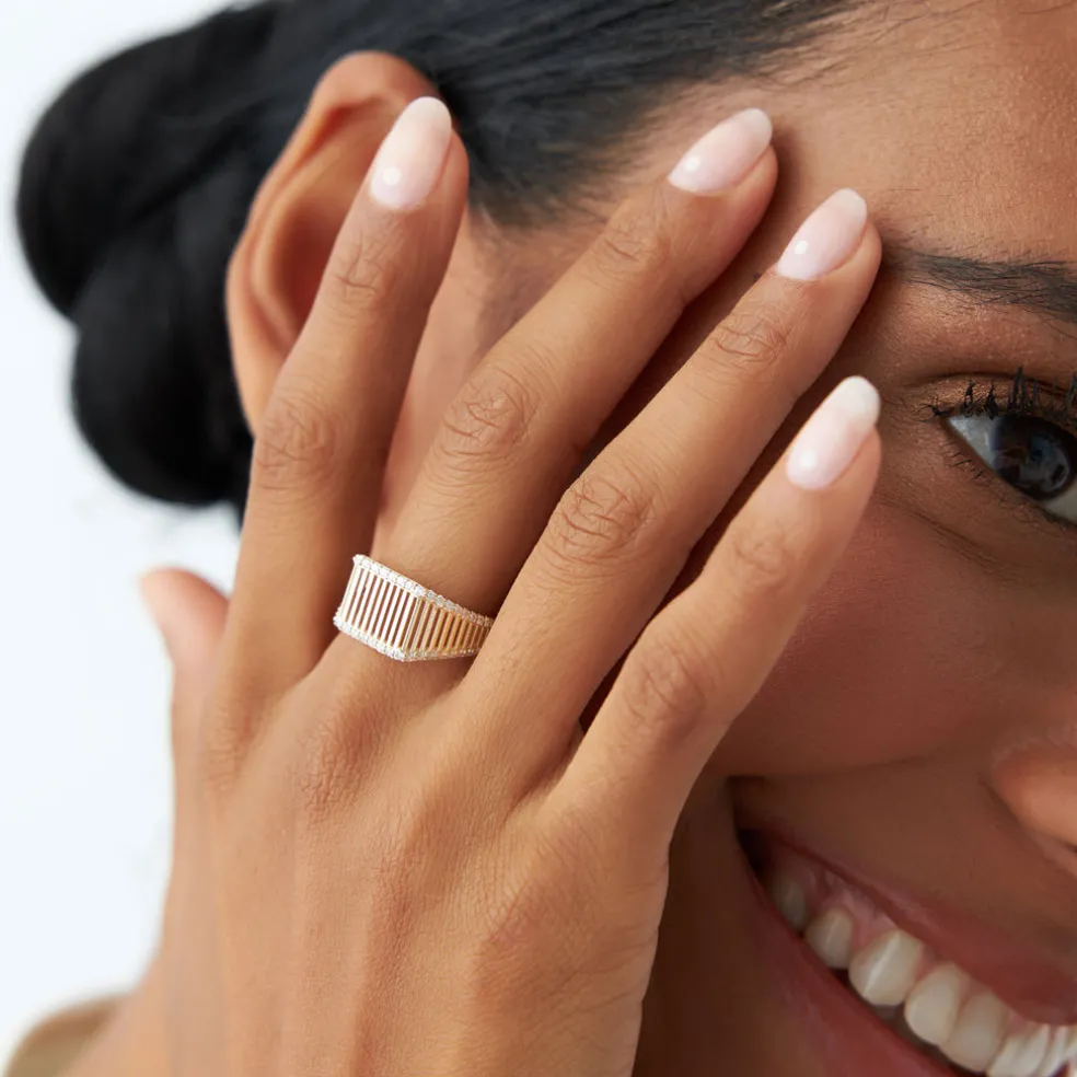 14k Ribbed Unique Design Diamond Signet Ring
