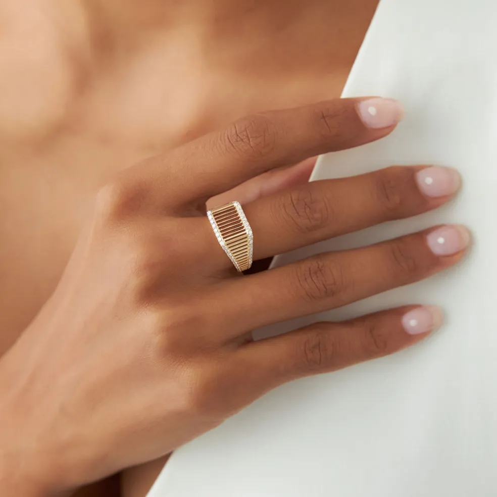 14k Ribbed Unique Design Diamond Signet Ring