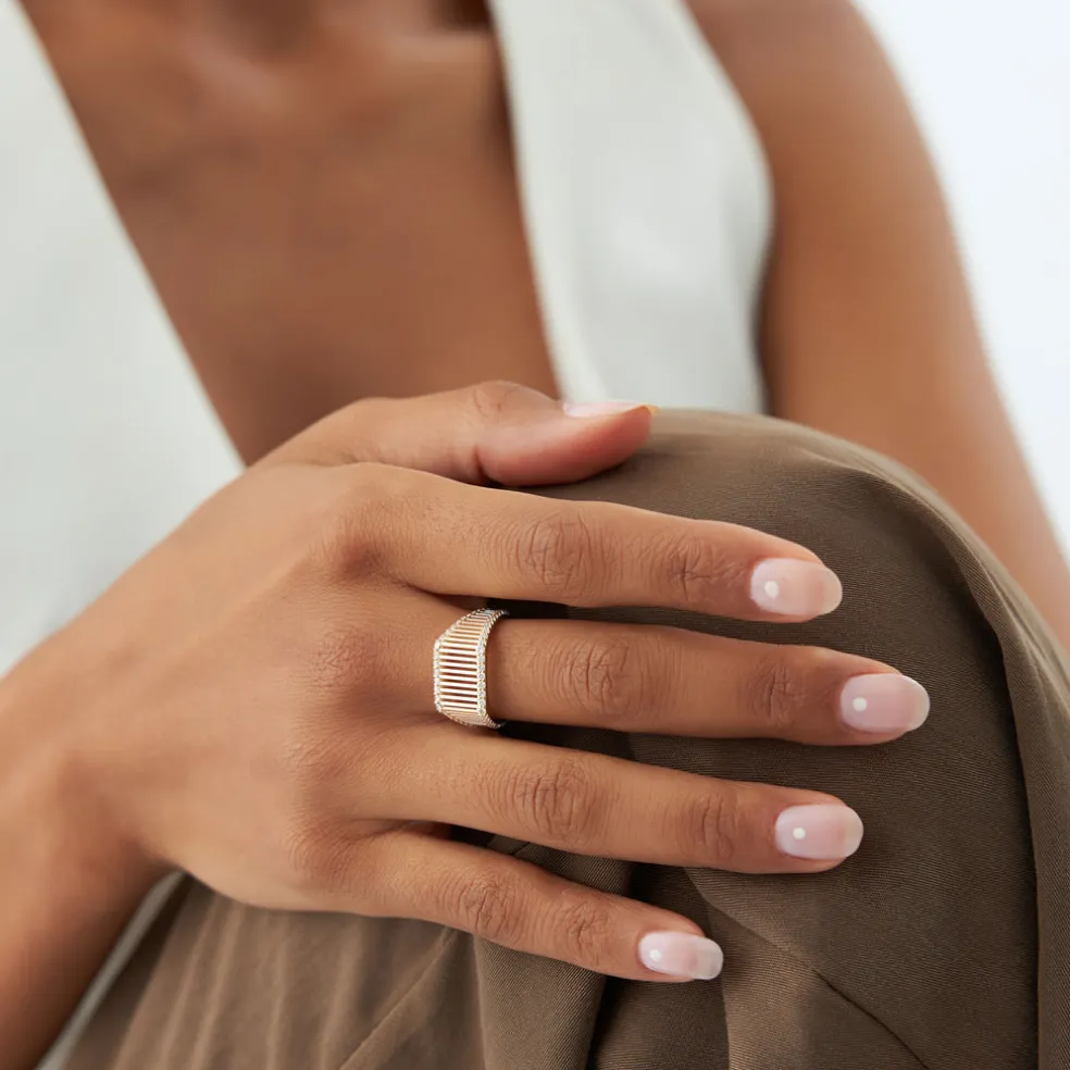 14k Ribbed Unique Design Diamond Signet Ring