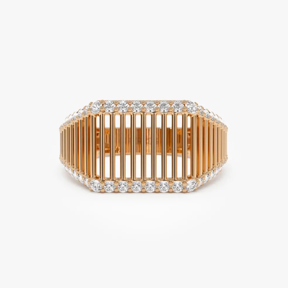 14k Ribbed Unique Design Diamond Signet Ring