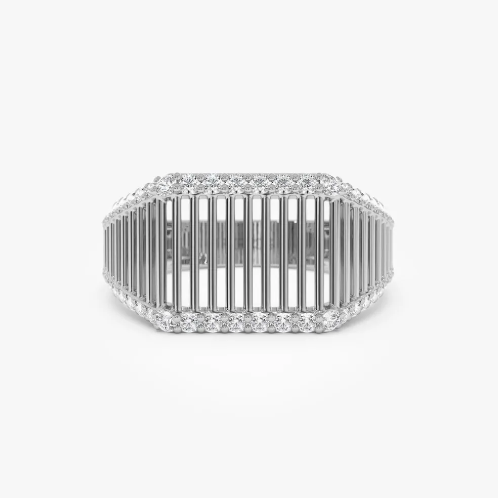 14k Ribbed Unique Design Diamond Signet Ring