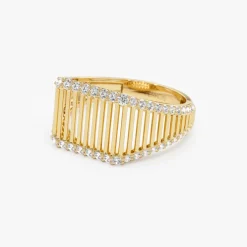 14k Ribbed Unique Design Diamond Signet Ring