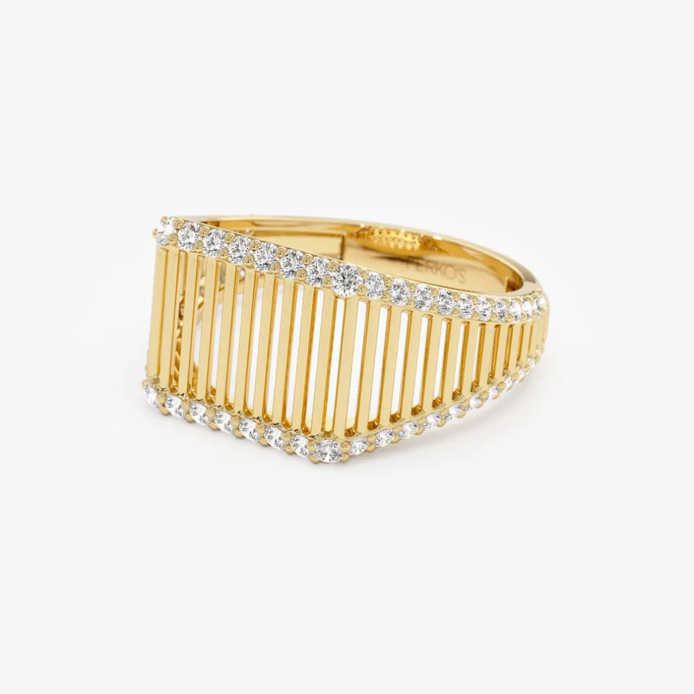 14k Ribbed Unique Design Diamond Signet Ring