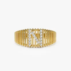 14k Ribed Cage Diamond Initial Ring