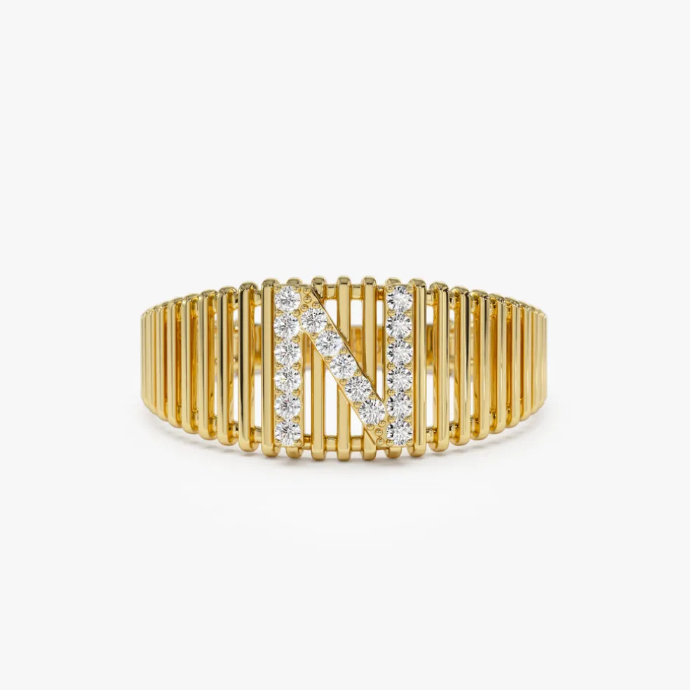 14k Ribed Cage Diamond Initial Ring