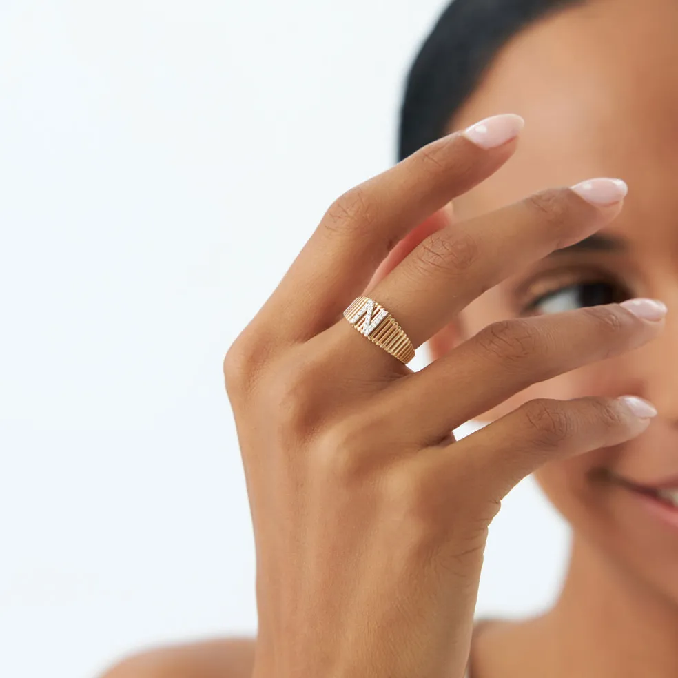 14k Ribed Cage Diamond Initial Ring