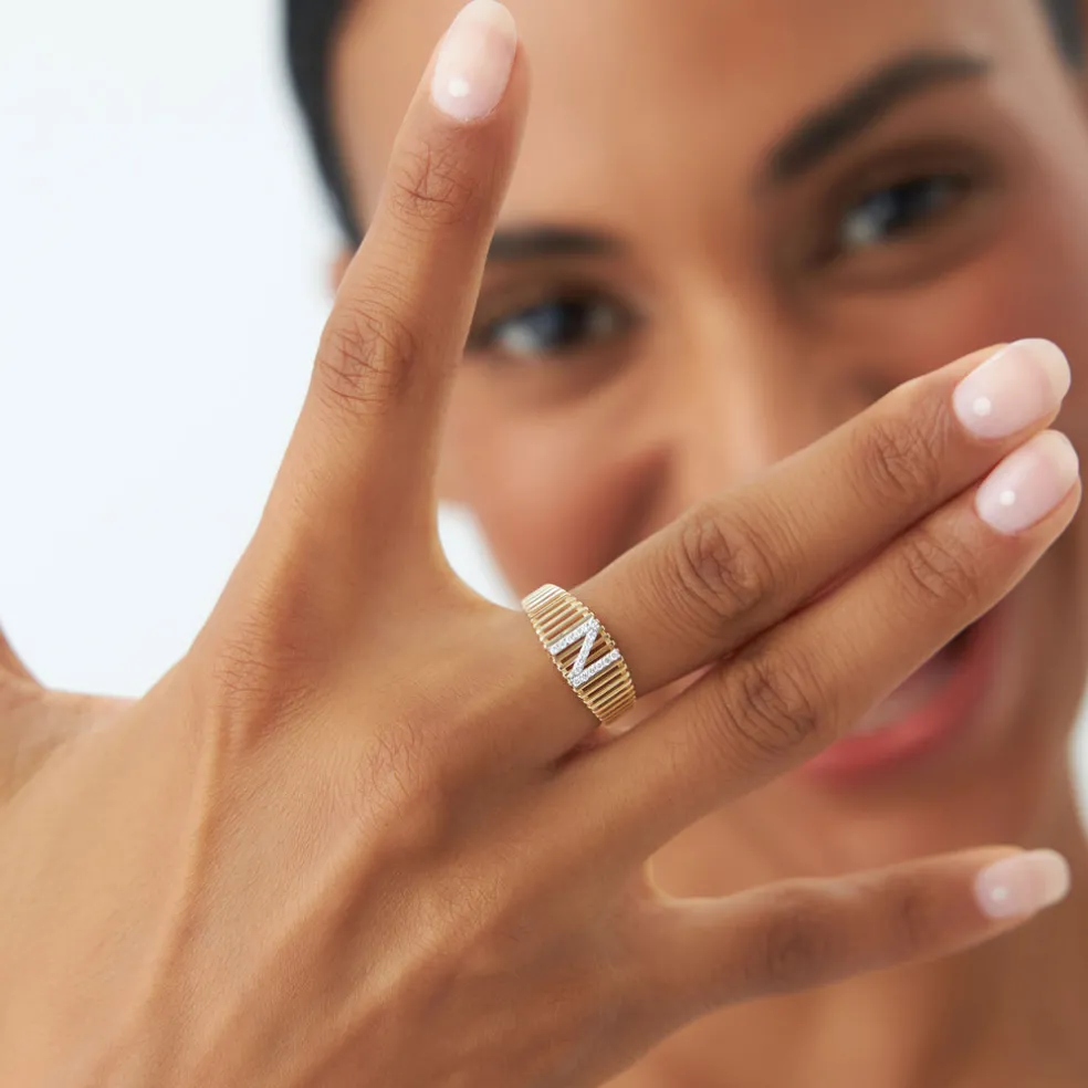 14k Ribed Cage Diamond Initial Ring