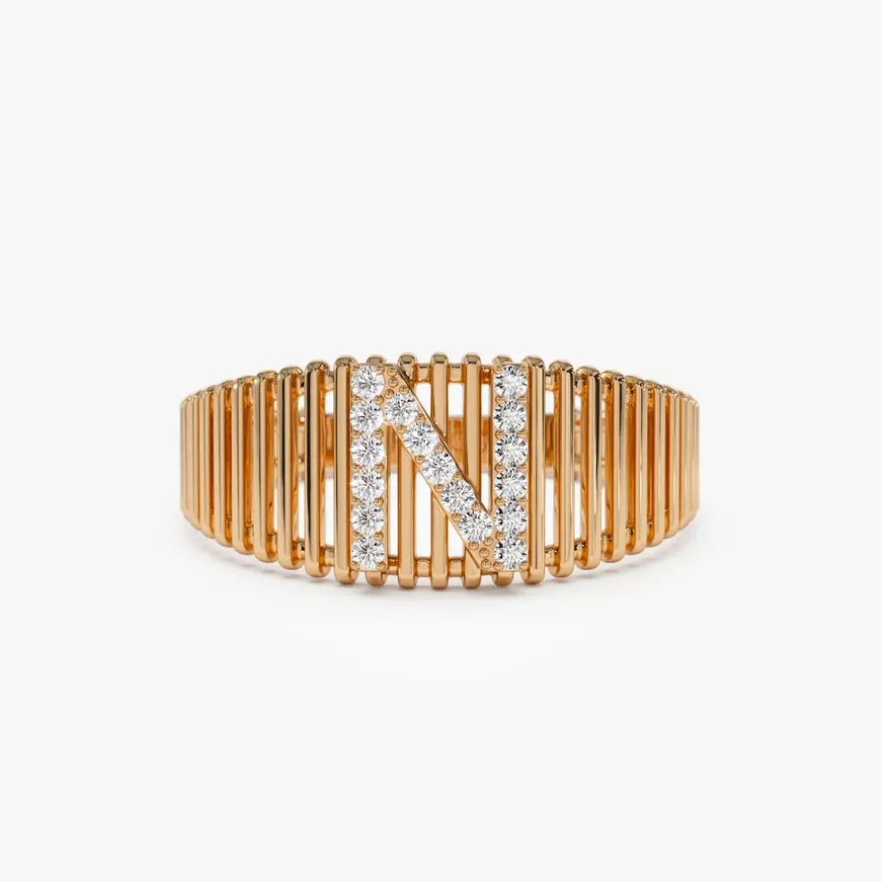 14k Ribed Cage Diamond Initial Ring