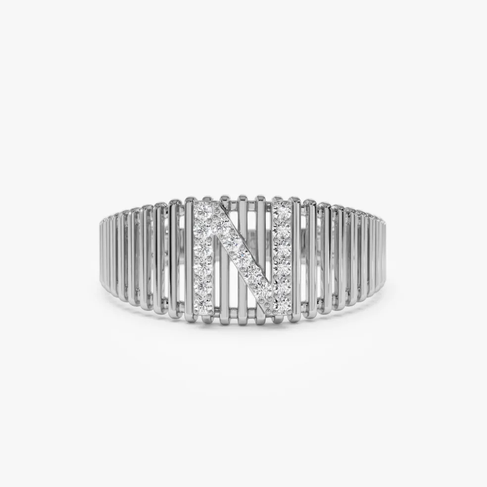 14k Ribed Cage Diamond Initial Ring