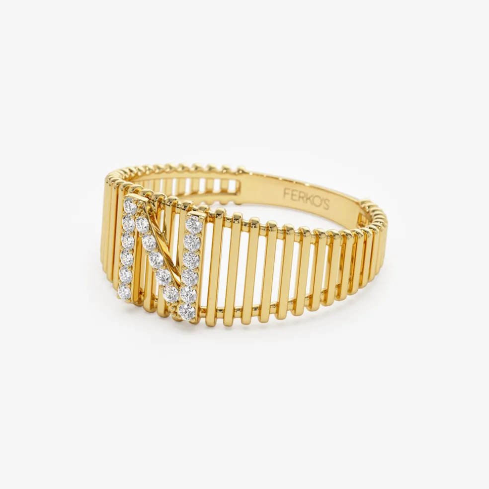 14k Ribed Cage Diamond Initial Ring