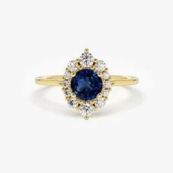 14k Round Sapphire Halo Diamond Engagement Ring