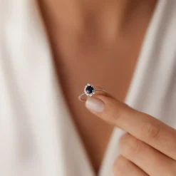 14k Round Sapphire Halo Diamond Engagement Ring