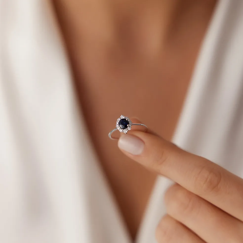 14k Round Sapphire Halo Diamond Engagement Ring