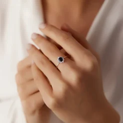 14k Round Sapphire Halo Diamond Engagement Ring
