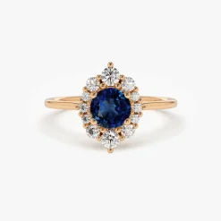 14k Round Sapphire Halo Diamond Engagement Ring