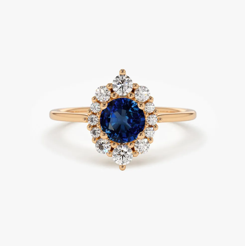14k Round Sapphire Halo Diamond Engagement Ring