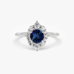 14k Round Sapphire Halo Diamond Engagement Ring