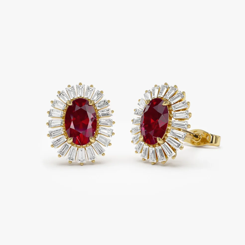 14k Ruby and Baguette Diamond Ballerina Stud Earrings
