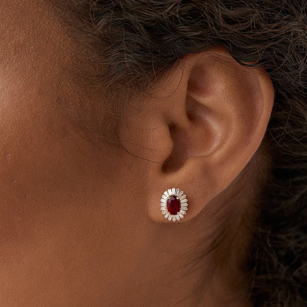 14k Ruby and Baguette Diamond Ballerina Stud Earrings