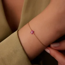 14K Ruby and Diamond Flower Charm Bracelet