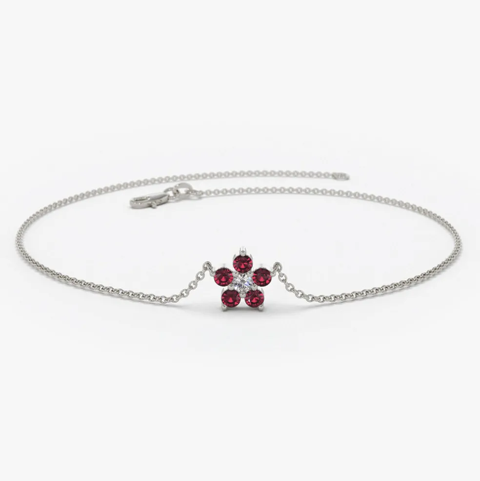 14K Ruby and Diamond Flower Charm Bracelet