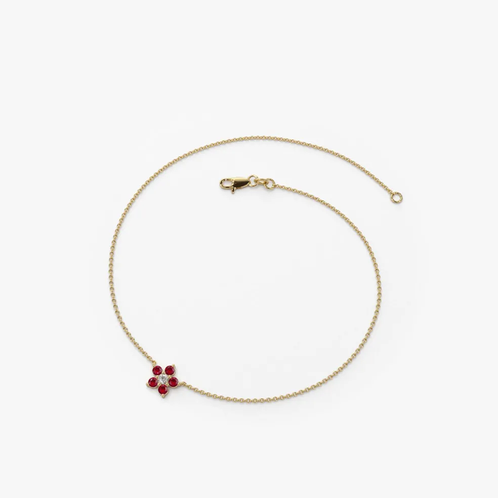 14K Ruby and Diamond Flower Charm Bracelet