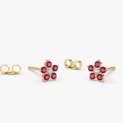 14K Ruby and Diamond Flower Studs