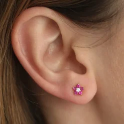 14K Ruby and Diamond Flower Studs