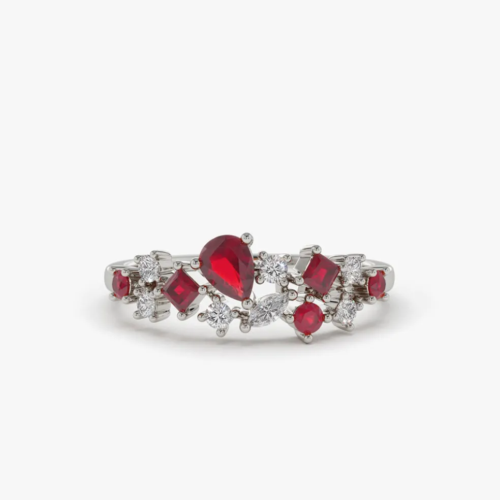 14k Ruby and Diamond Mixed Shape Cluster Ring