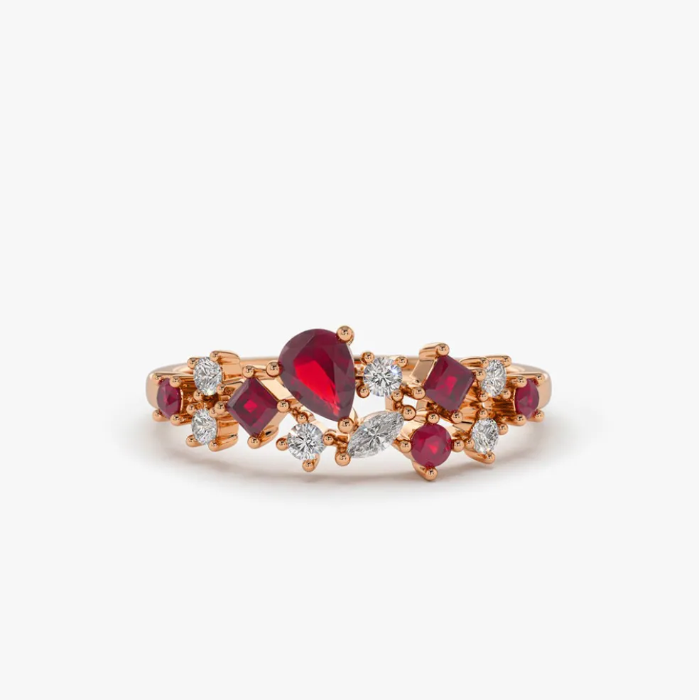 14k Ruby and Diamond Mixed Shape Cluster Ring