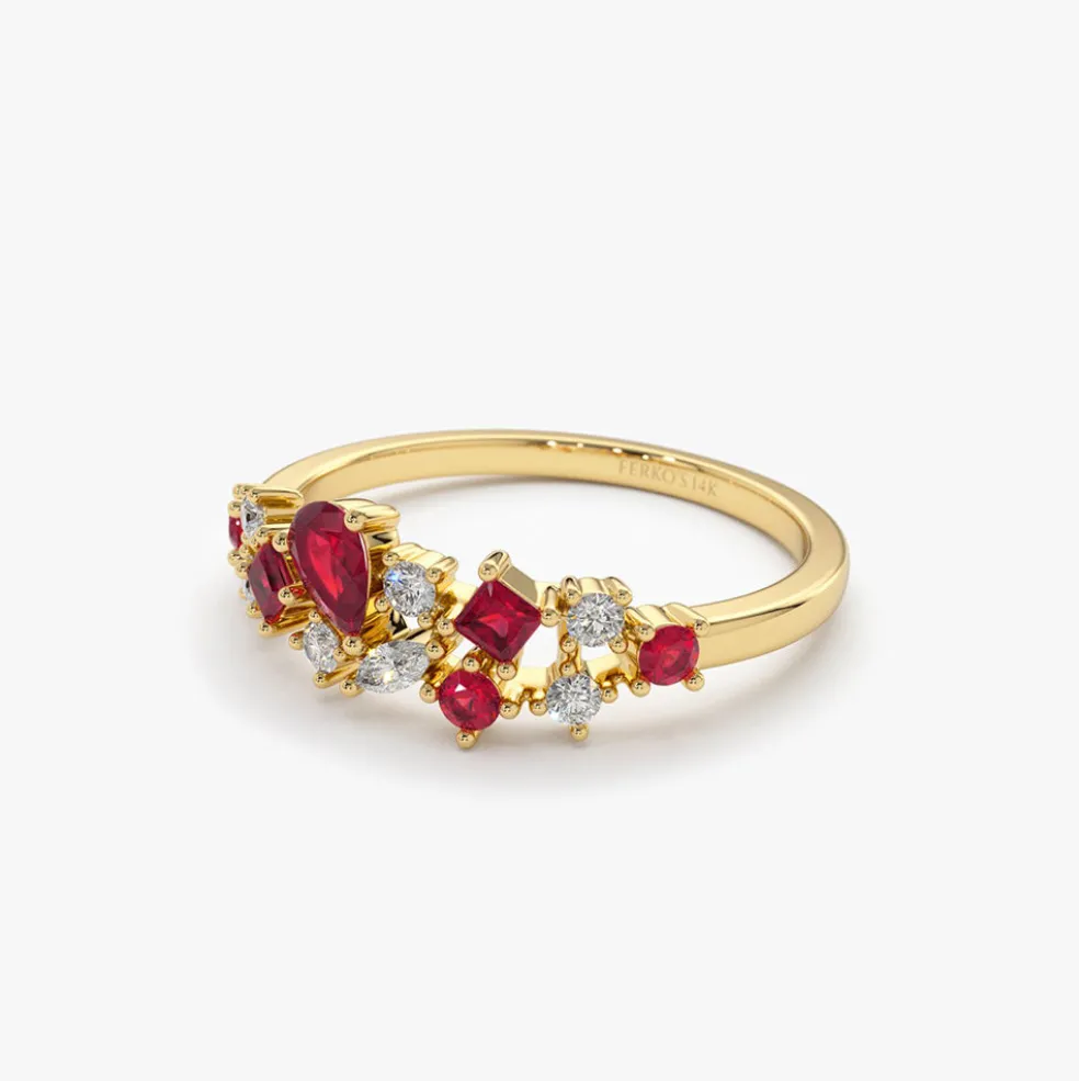 14k Ruby and Diamond Mixed Shape Cluster Ring